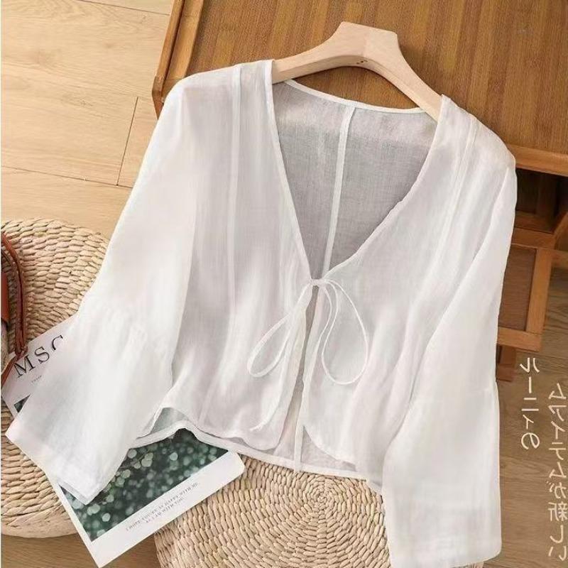 Camisa Top Casual de Verão Fina Cor Sólida Estilo Chinês com Cadarço
