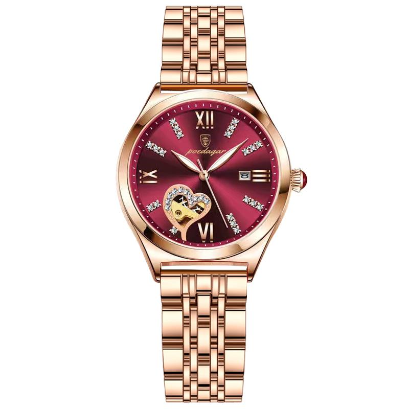 

POEDAGAR Women Watches Fashion Rose Gold Stainless Stain Steel Watch Waterproof Quarzt Wristwatch Romatic Girlfriend Gift рожевий колір золота/червоний