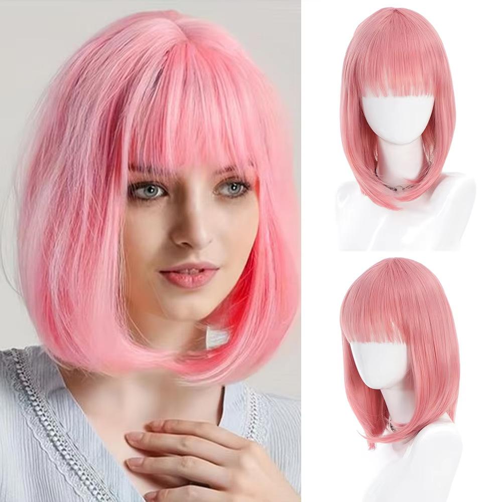 Bob Black Synthetic Wigs Straight Cosplay Short Daily Natural Looking Hair Wig with Bangs Heat Resistant Fiber for Women Afro