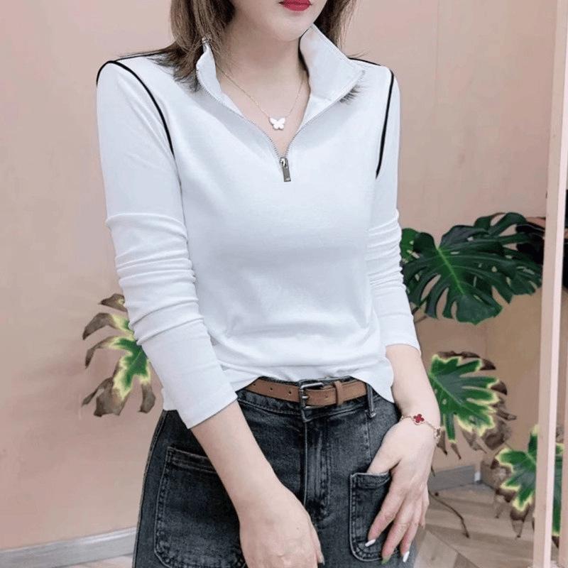 2025 Women's Korean Style Spliced Stand Collar Half-Zip Slimming Long Sleeve Top