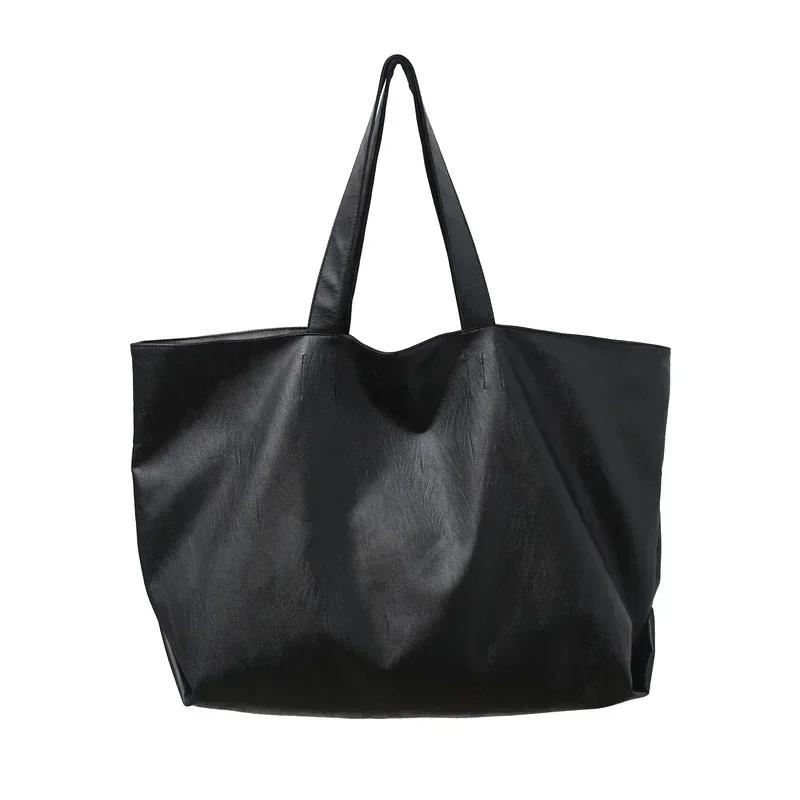 

PU Black Zipper Large Capacity Handbag Lightweight Soft Leather Shoulder Bag Unisex Simple Fashionable Versatile Tote Bags