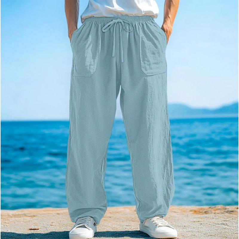 Men Linen Casual Pants Elastic Drawstring Waist Loose Wide Leg Side Pockets Summer Beach Long Trousers