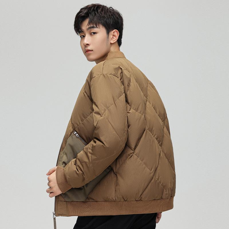 Down jacket men's winter style youth short solid color stand collar warm loose rhombus baseball jacket men's style