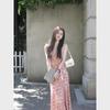 French Sweet Pink Floral Suspender Dress Women's Summer New Temperament Waist Sleeveless Holiday Dress