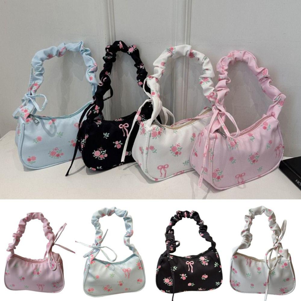 Sweet Flower Pleated Underarm Bag Bowknot Floral Shoulder Bag Simple Nylon Handbag  Gifts
