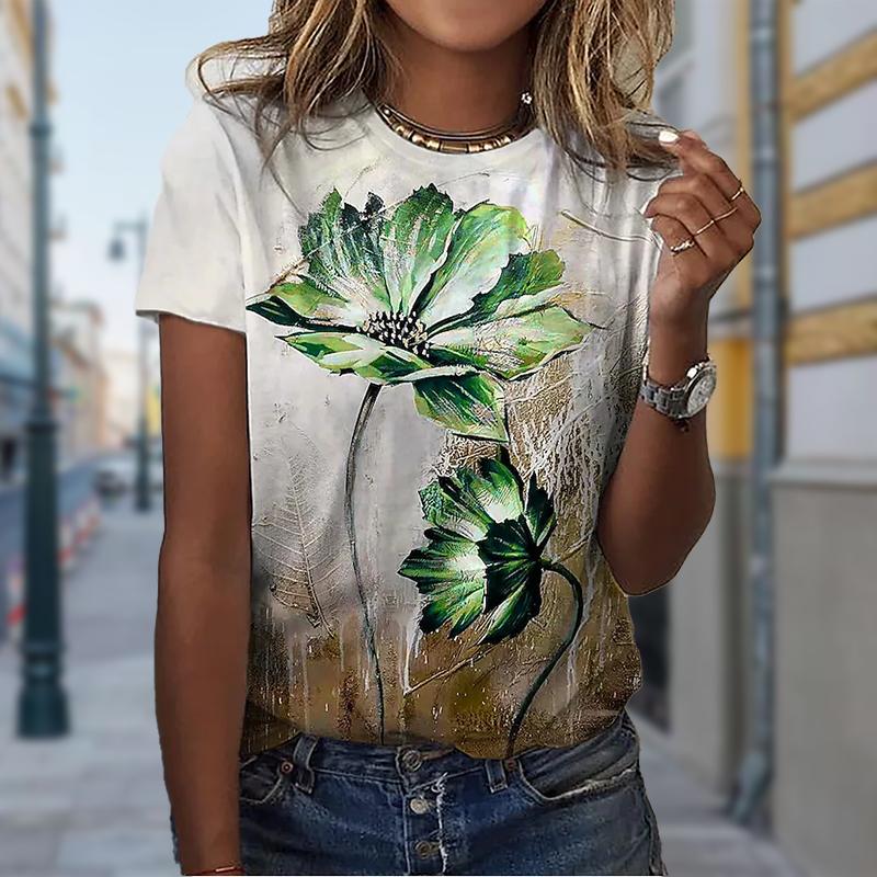 Women Summer T Shirt Trend Lotus Print Retro Fashion Short Sleeve Tees Casual   Printed  Tops
