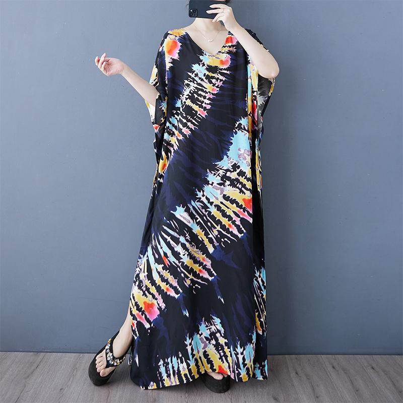 DIMANAF 2025 Summer Women Plus Size Dress Printing Dress Basic Casual Vintage Loose Linen Maxi V-Neck