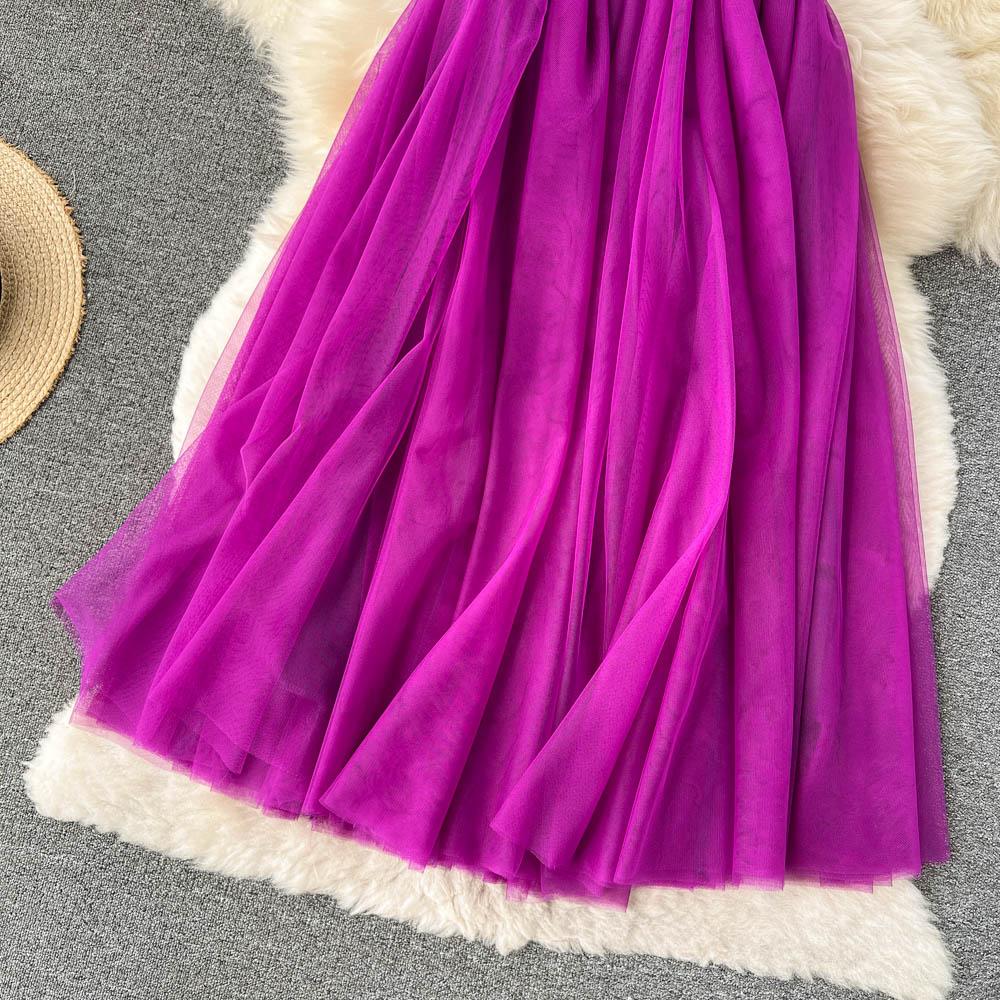 Spring And Summer Pure Color Mesh Pleated Skirt Medium Length Classic Loose And Thin Versatile High Waist Skirt
