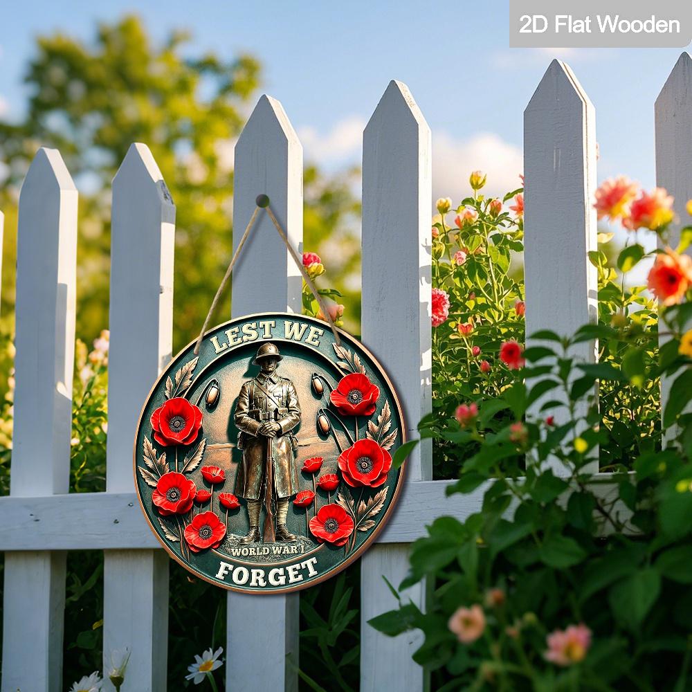 2D Flaches Gedenktag Lest We Forget Erster Weltkrieg Holz Hängeschild, Vintage Bronze Stil Runde Plakette mit Roten Mohnblumen & Soldat, Patriotisches Gedenken