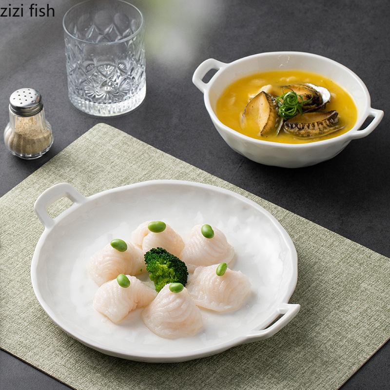 Double Ear Ceramic Soup Plate Fruit Dish Salad Bowl Dining Plates Sashimi Plate Serving Plates Sushi Dish Dessert Bowl Tray