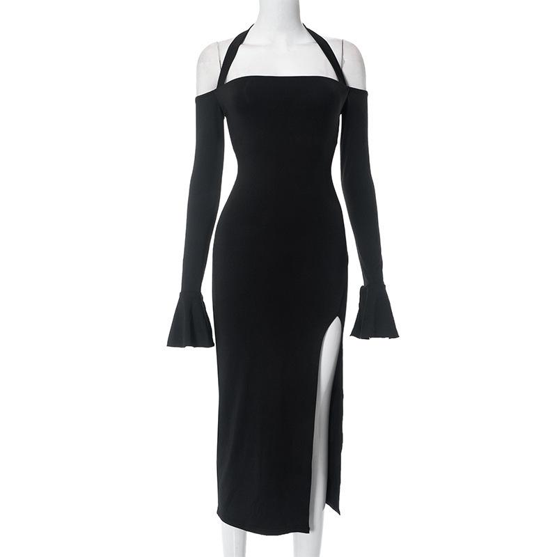 

Y2K европейское и американское весенне-осеннее новое платье средней длины с висячим вырезом, длинными рукавами и открытой спиной, пряное платье средней длины для девочек с разрезом L чёрный