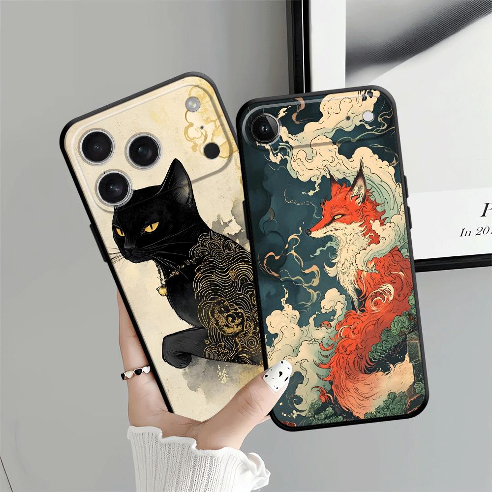 Retro Fox Cat Case for iPhone 17Air XS Max 13 12 11 17 Pro Max XR 7 8 15 16 14 Plus Black Soft Phone Cover