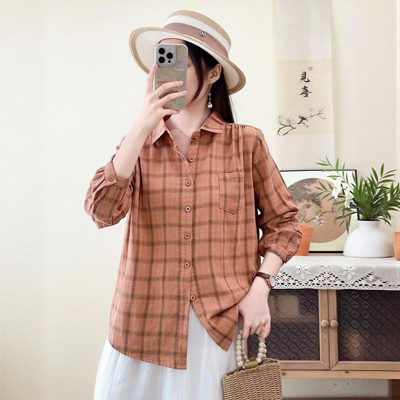 New Retro Literary Double-layer Cotton Yarn Plaid Shirt Japanese Casual Style Loose and Thin Pure Cotton Long-sleeved Shirt Women
