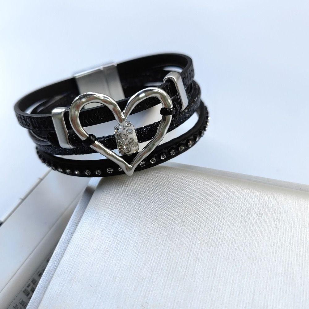 Multilayer Rhinestone Leather Bracelet Gothic Three Layers Bracelet Fashion Heart Bracelet  Female