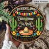 2D Flat, 1pc Round Aluminum "Bienvenue les Amis" Mexican Welcome Sign, Retro Metal Wall Art with Cactus, Sombrero & Fiesta Banner, Waterproof