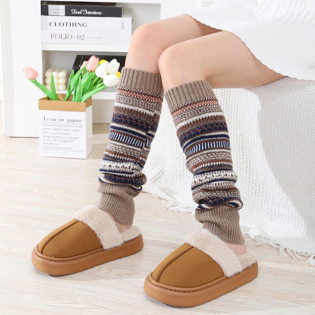 Camouflage Bohemian Style Yarn Warm Leg and Knee Pads European and American Autumn Winter Women Color Blocked Striped Pile Socks