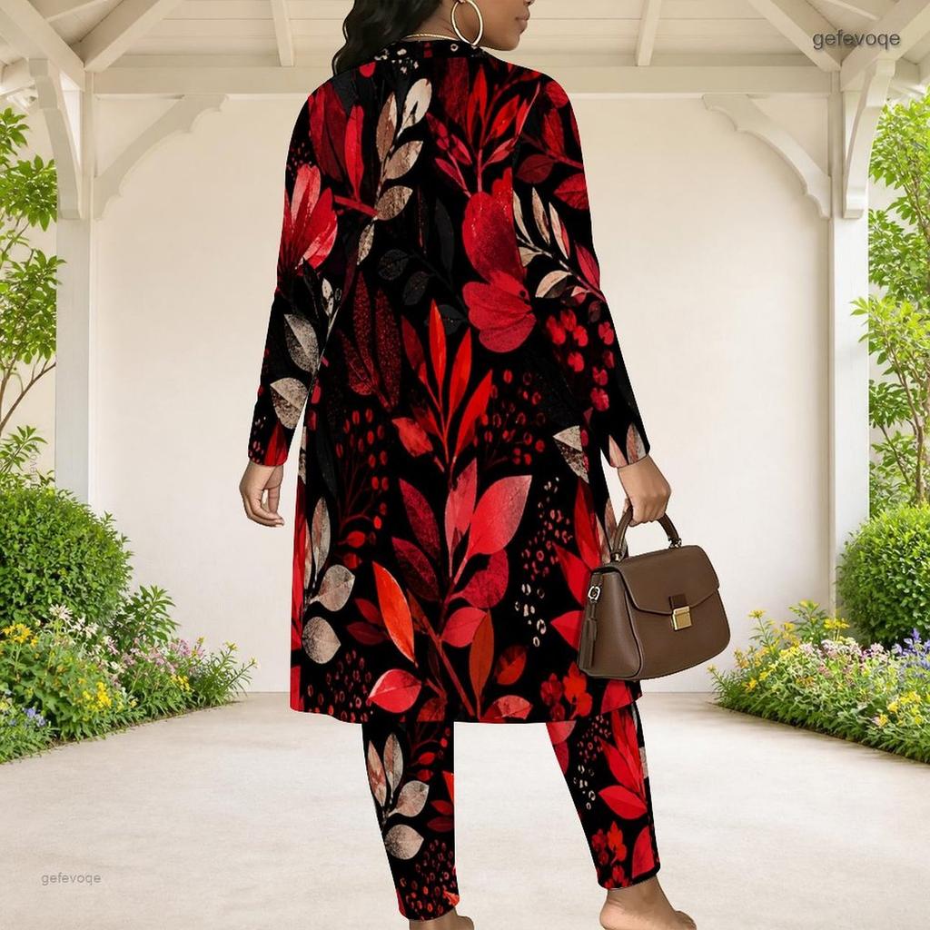 Women Plus Size Red Floral Printed Three Piece Set Long Sleeve Open Front Cardigan Crop Top Long Pants