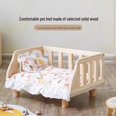 Moisture-Proof Solid Wood Pet Bed with Washable Bedding for Cats & Dogs