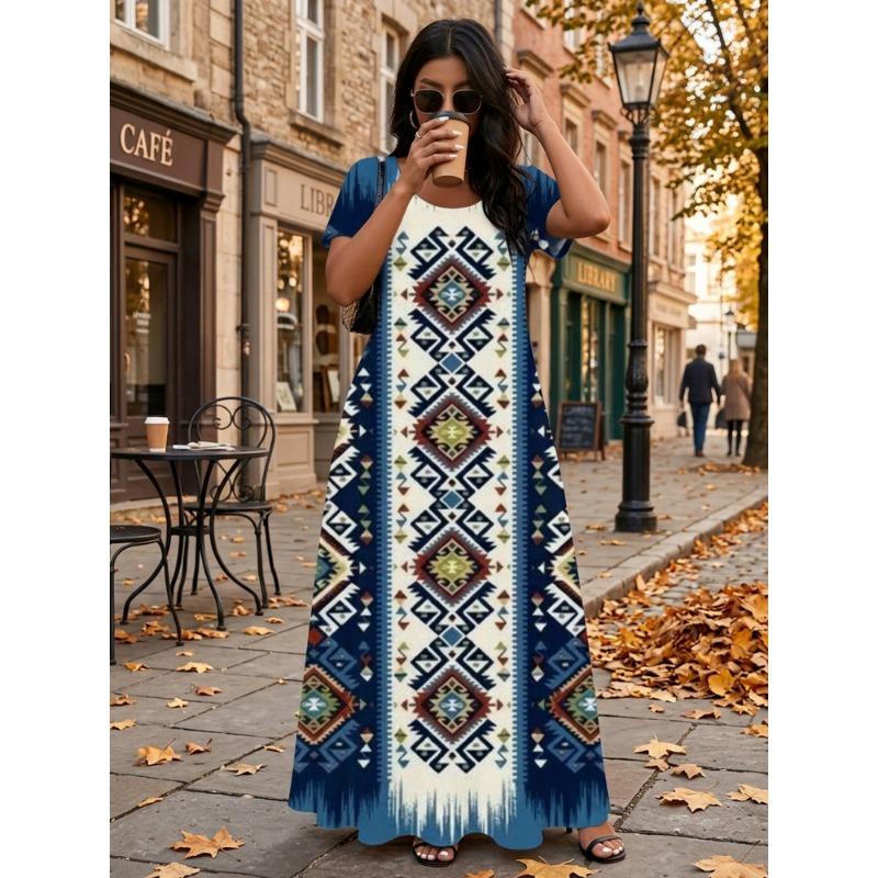 Bohemian-style geometric print maxi dress, casual long dress for summer.