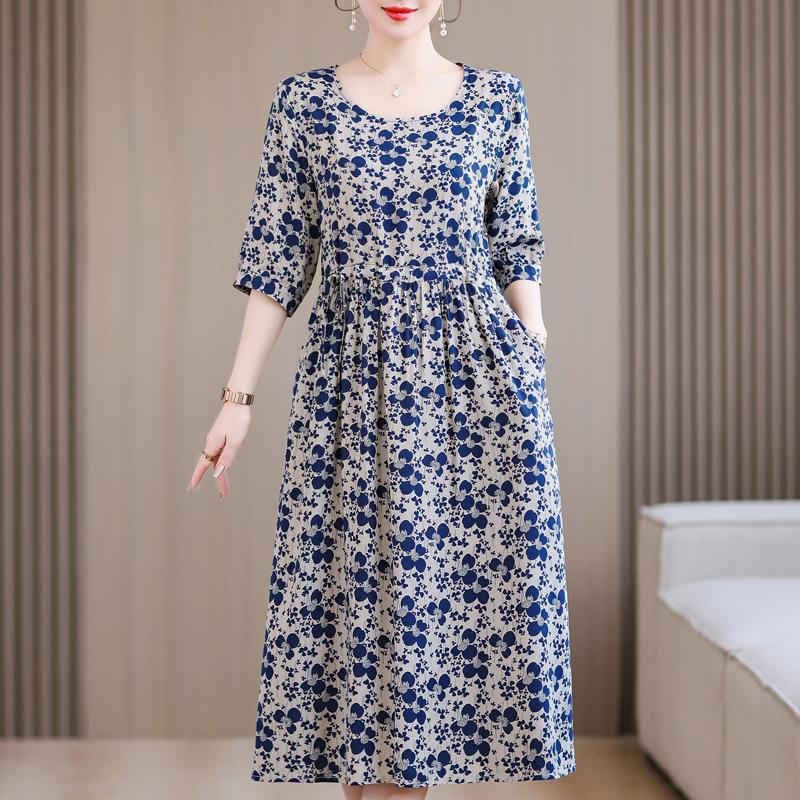 Casual Summer Women's Dresses  Plus Size Half Sleeve Vintage Print Long Dress Female