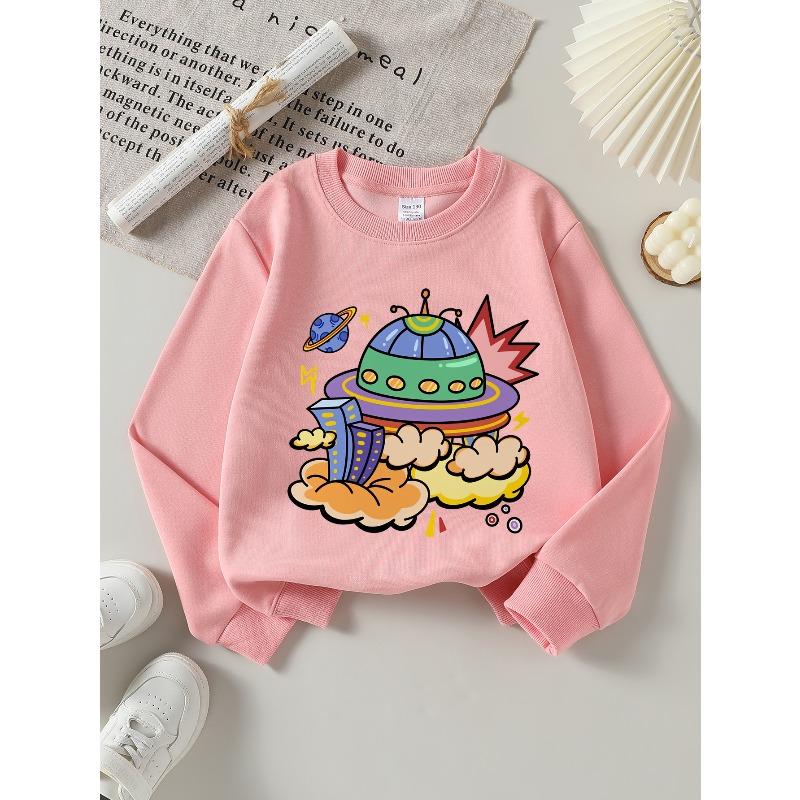 Felpa da Bambino Girocollo | Astronave Colorata Nuvole Pianeta, Lavabile in Lavatrice, Primavera e Autunno, Abbigliamento Sportivo e Casual