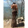 Western Style Gyaru Sexy Summer New Leopard Print Print Pockets Collar Backless Lace-up Sling Dress Long Dress Women