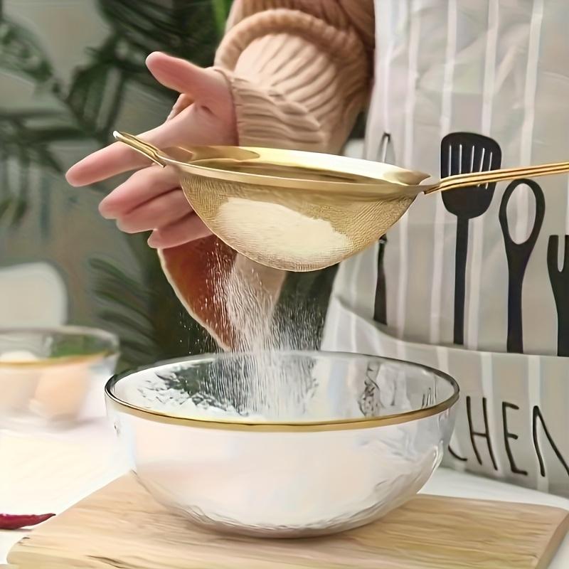 3pcs Gold-colored Fine Mesh Flour Sieve Kitchen Skimmer Baking Tool Kitchen Accessories Kitchen Tools, Restaurant Tools