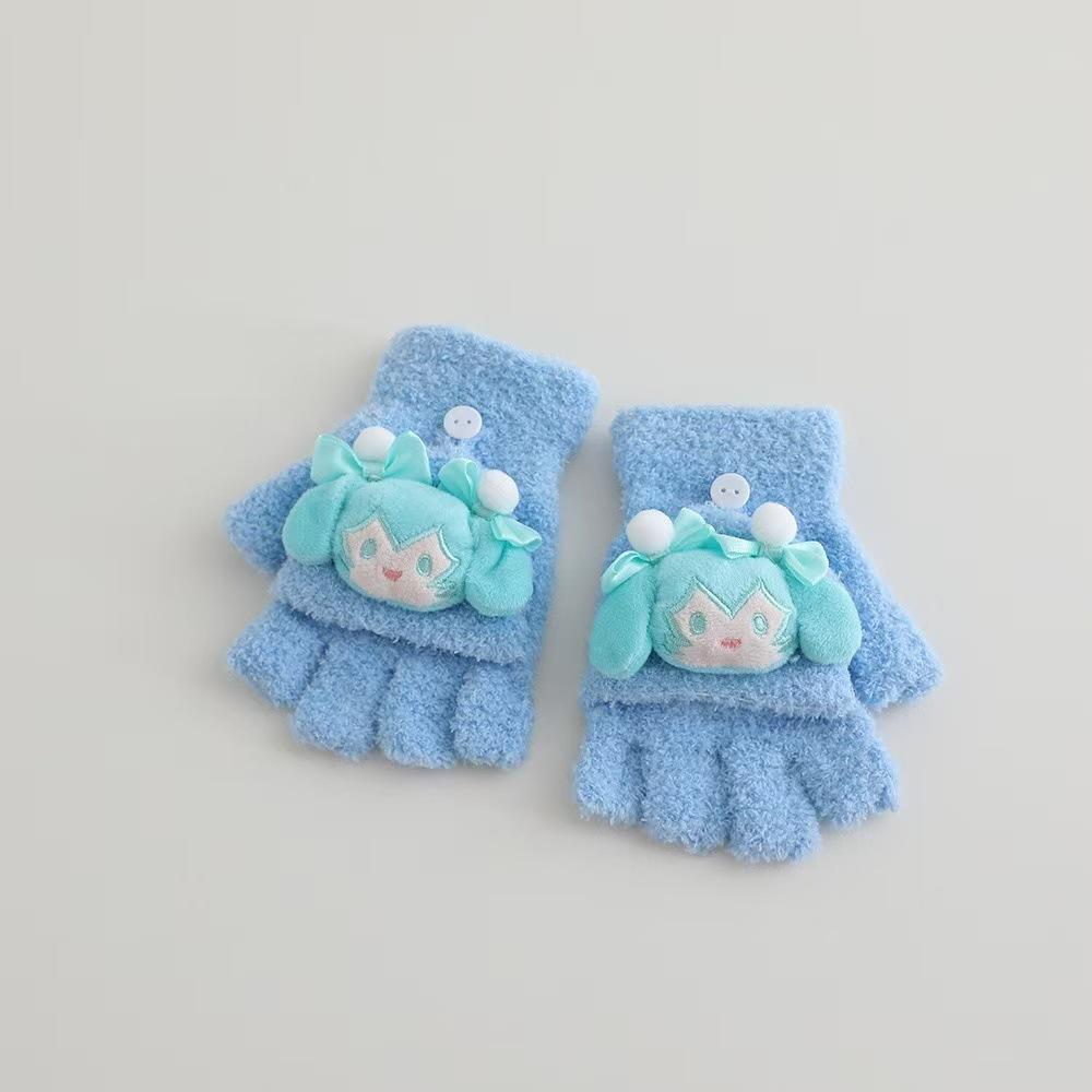 Warme Flip-Handschuhe für Kinder, süße Cartoon-Puppe, süßer Halbfinger, Korallensamt, Halbfinger für Jungen und Mädchen, Herbst- und Winterferien
