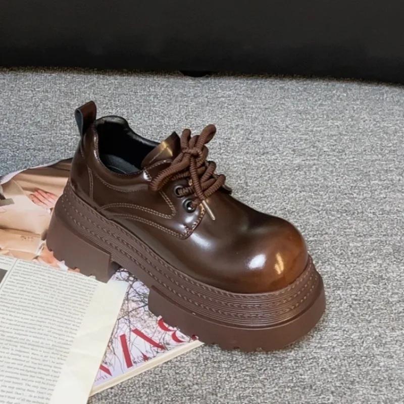 

Women s Fashion Thick Heel Shoes Spring New Round Head Deep Mouth Front Lacing Thick Soles Non-slip Low-top Shoes 35 темно-коричневого