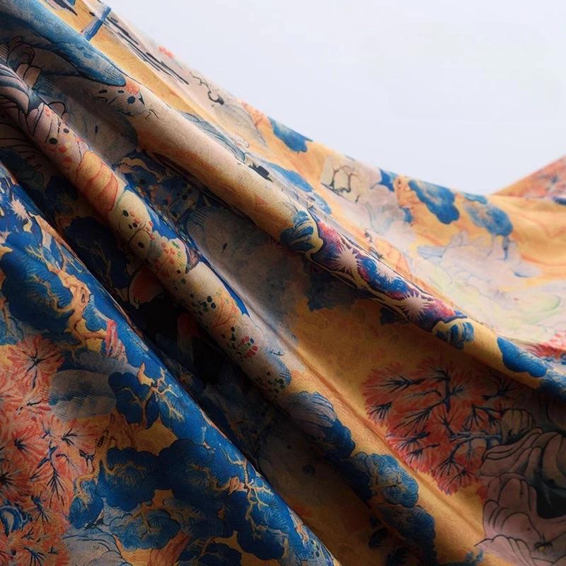 100x150cm Vintage Floral Printed Gambiered Canton Gauze Fabric Simulated Silk Fabric for Sewing Clothes Dress