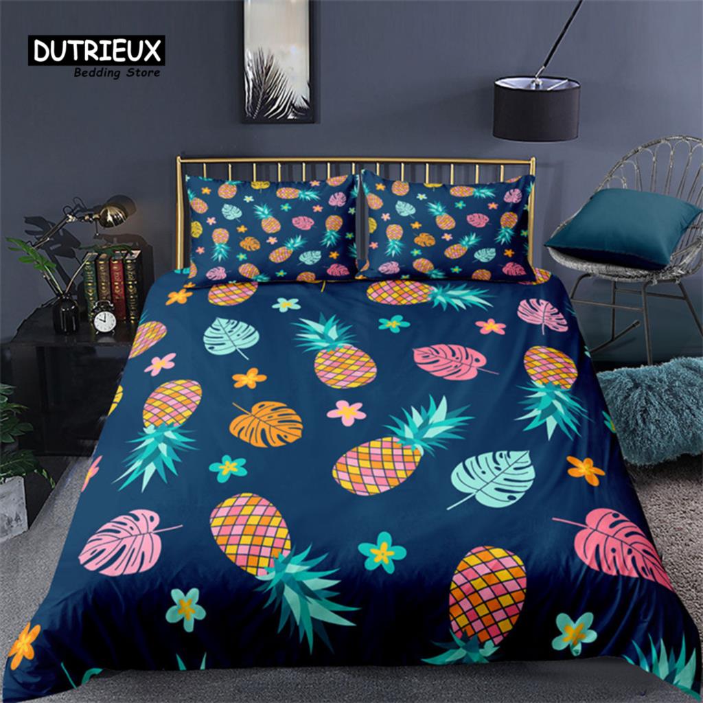 Funny Tropical Fruit Bedding Set Microfiber Pineapple Pear Geometric Pattern Duvet Cover With Pillowcases For Kids Bedroom Decor