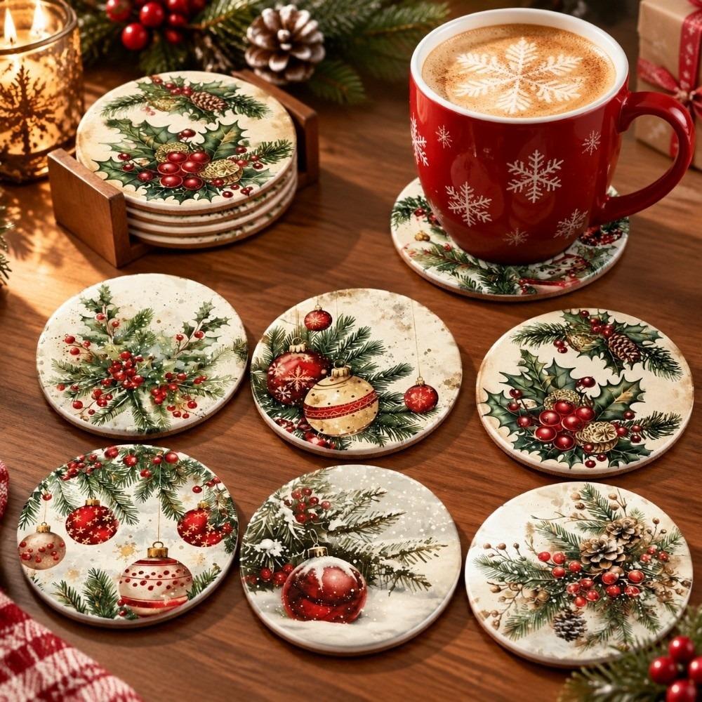 6pcs Snowman Santa Claus Coaster Wooden Coffee Cup Mat Christmas Drink Coaster  Christmas Party