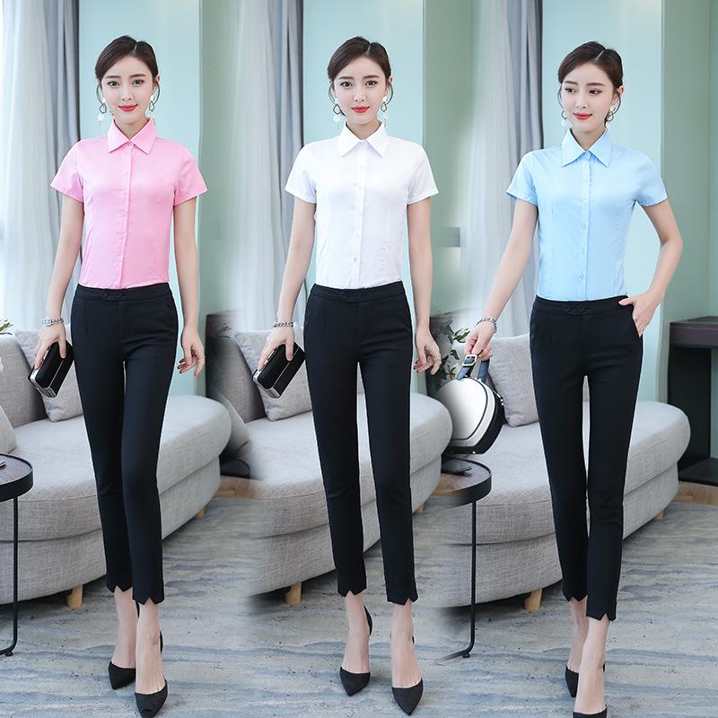 Plus Size Women's Short Sleeve Summer Workwear Suit - Slim Fit White Shirt