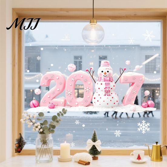 Interior Exterior Window Display 2027 Christmas Static Clings, Snowman Snowflake Holly Glass Stickers, Transparent PVC Film Reusable Xmas Decals