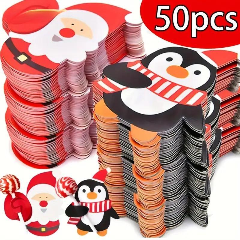 50 stuks Kerst Lolly Papier Kaarten Cartoon Kerstman Pinguïn Kinderen Snoep Cadeaus Verpakking Nieuwjaar Feest Decoratie