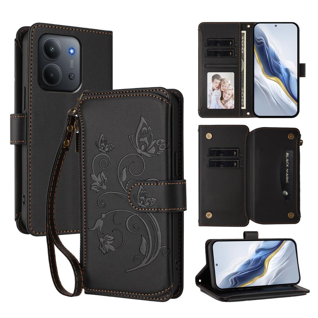 For Xiaomi Redmi 15C 5G (EU) (173mm)/Xiaomi Redmi 15C 4G (EU) (173mm) Leather Case Butterfly Floral Imprint Zipper Wallet Stand Cover with Wrist Strap