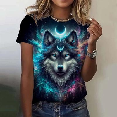 Sommer Rundhals 3D Wolf Print Top Modische Lässige Kurzarm Damen T-Shirts