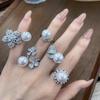 Luxury Rhinestone Flower & Pearl Ring - 2025 Women's High-End Fashion Statement Jewelry