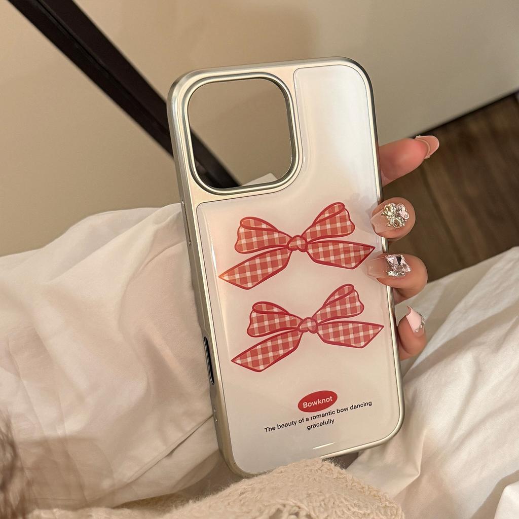 Red Checkered Bow Suitable for Apple 15promax Mobile Phone Case IPhone 16 Drop Glue 13 Huawei 14 Temperament