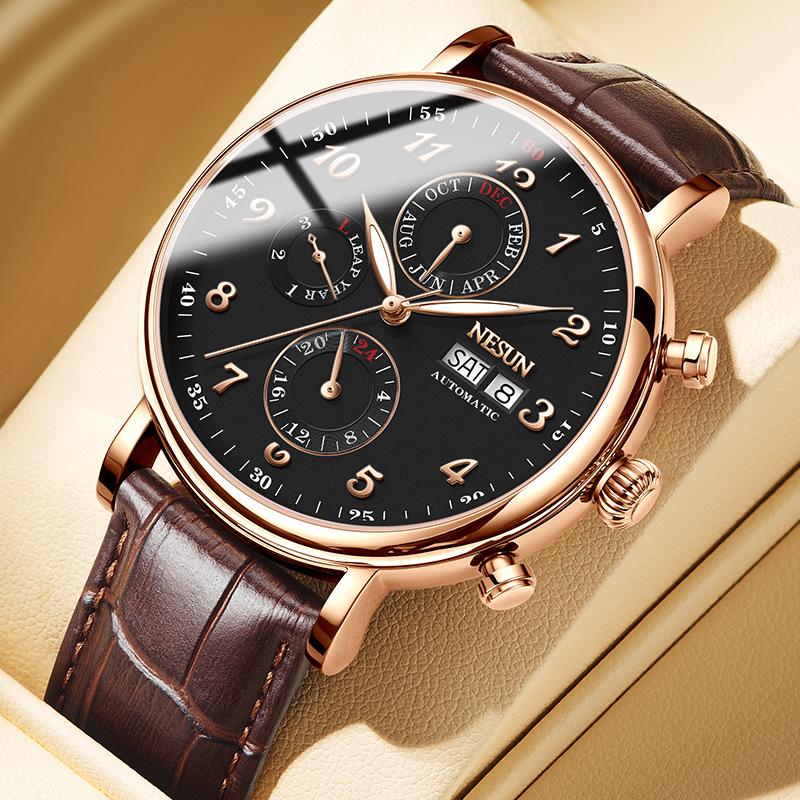NESUN Herren Automatische Mechanische Uhr, Multifunktionale Wasserdichte Leder-Stahl Armbanduhr 9029