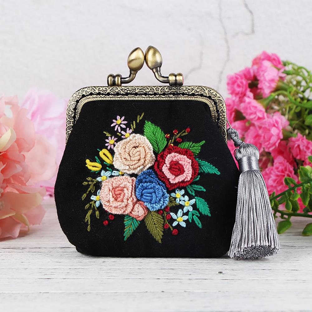 Floral Clasp Purse Embroidery Kit DIY Coin Purse with Pattern & Stitch Guide All-in-One Set for Adult Beginners Handmade Craft