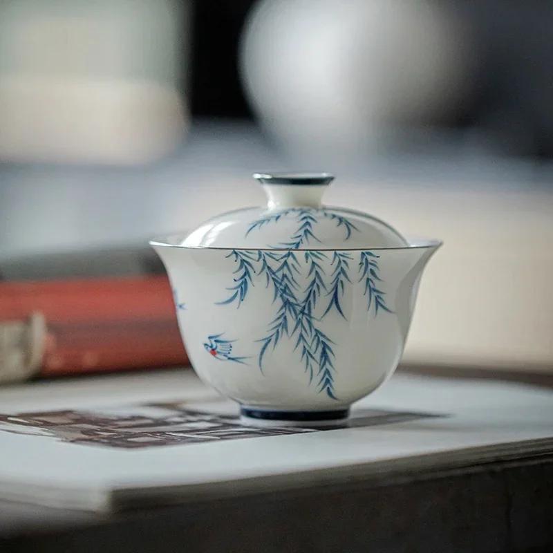 Hand Painted Willow Birds Jade Porcelain Gaiwan For Tea Tureen Teaware Cup Chinese Tea Bowls Chawan Tea Ceramony Kung Fu Tea Set