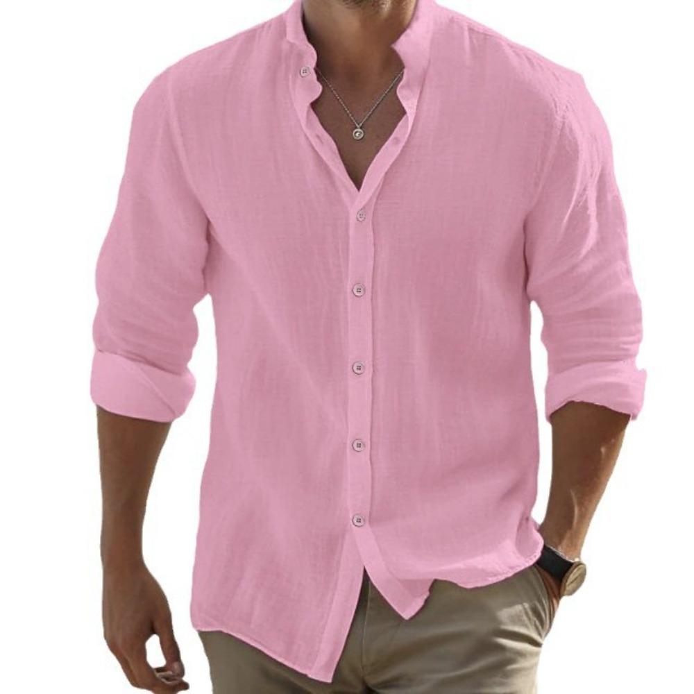 Men's Linen Button-Down Shirt Summer Beach Shirt Long-Sleeved Plain Stand Collar Spring/Summer Casual Everyday Wear