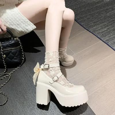 Fashion White High Heels Women's Shoes Summer New Style Platform Mary Janes Sweet Butterfly Knot 10cm Thick Heeled Female Loafers Pumps