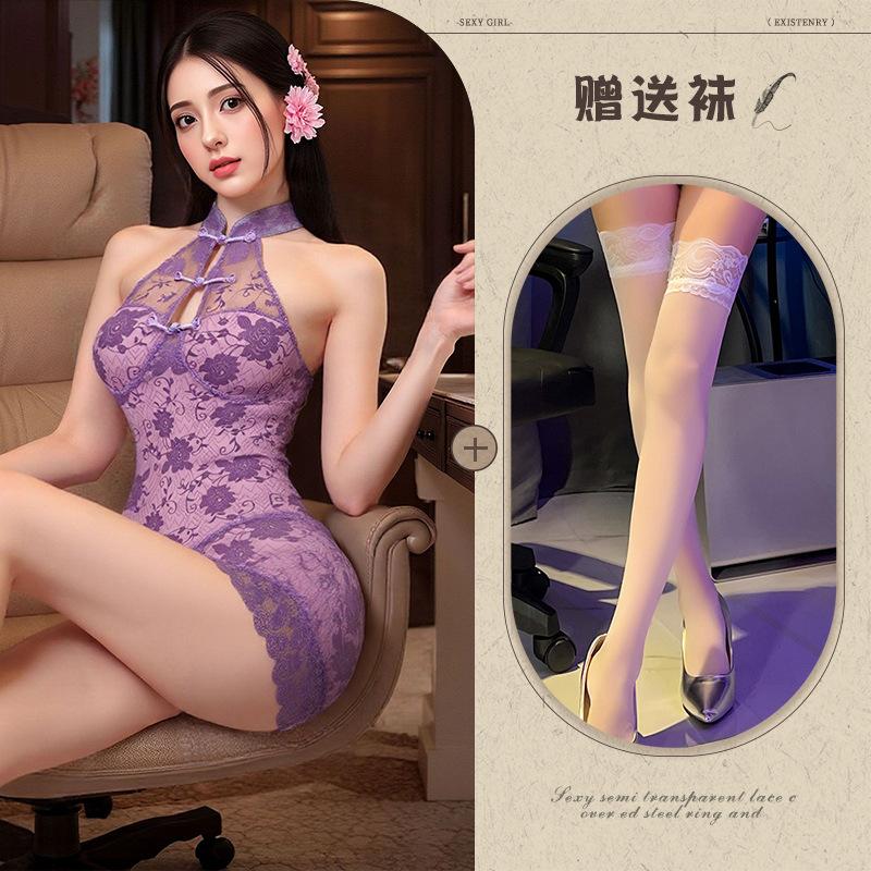 Yetingxiang new Chinese neck buckle lace cheongsam perspective temptation hip skirt sexy lingerie