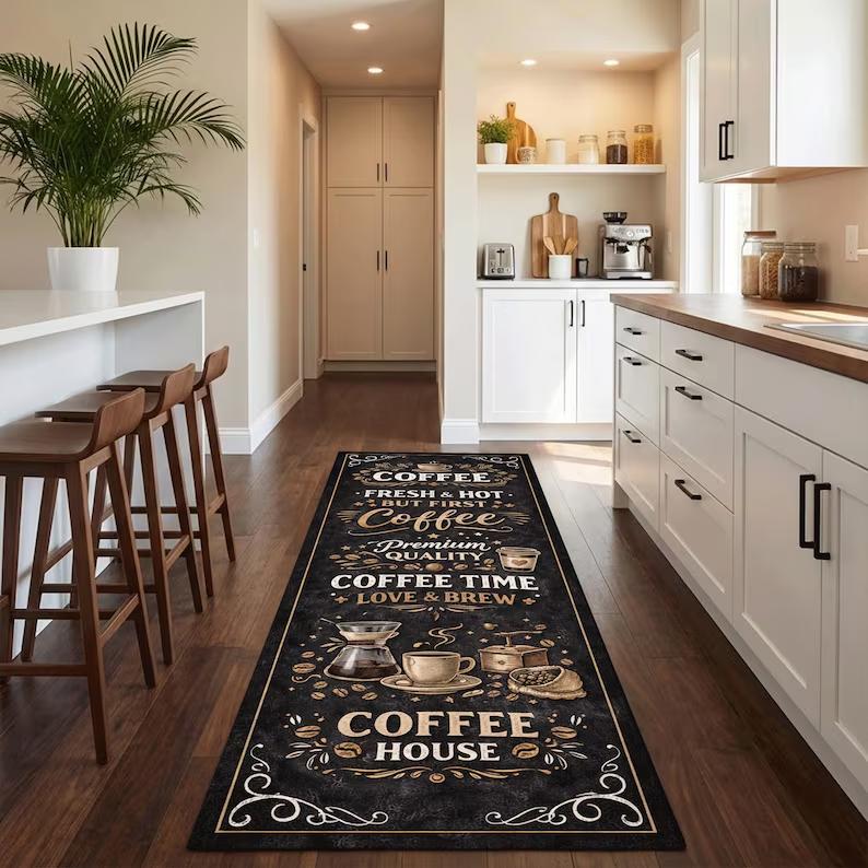 

Vintage Coffee Theme Carpet Mat Rug Home Decoration Coffee Cup Pattern Dark Background Floor Decor Living Room Bedroom Decor 40X120CM