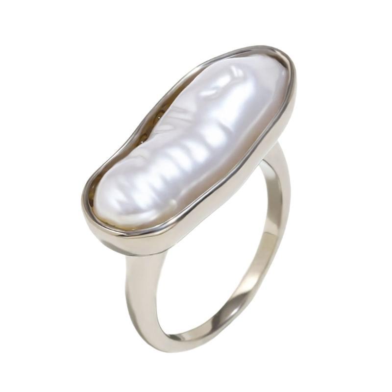 A52E Finger Rings Long Strips Pearls Rings Unique Statement Rings Stainless Steel Texture Suitable for Everyday Wear and Dates 6