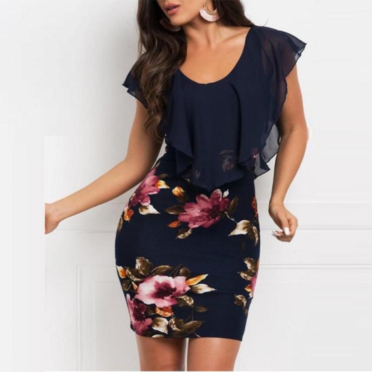 Floral Printed Sexy Mini Sleeveless Holiday Party Dress for Women O Neck Bodycon Short S