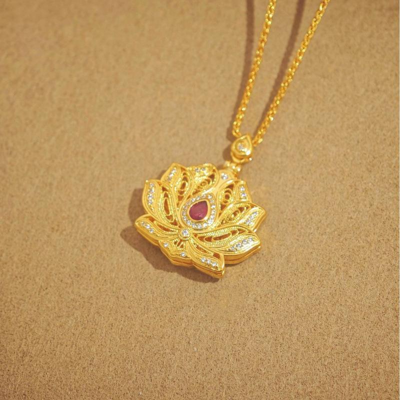 Retro Flower Blooming Buddha Pendant, Lotus Buddha Double-Sided Brushed Necklace, Chinese Style High-End Opening And Closing Necklace.
