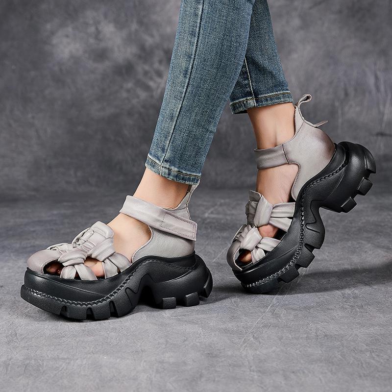 Fashion GKTINOO Closed Toe Thick Soled Sandals 2025 Summer New Retro Genuine Leather Comfortable Soft Sole Versatile Women's Shoes